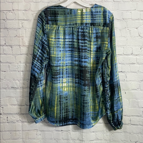 Joe Fresh Blue & Green Plaid-Print Long-Sleeve Abstract Tunic Blouse Medium - Picture 8 of 9